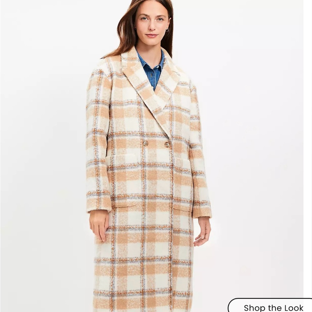 LOFT Cream and Tan Checkered Boucle Modern Coat